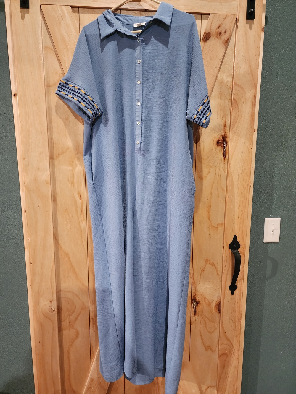 ODDY Light Blue Button-Front Short Sleeve Jumpsuit with Embroidered Trim
